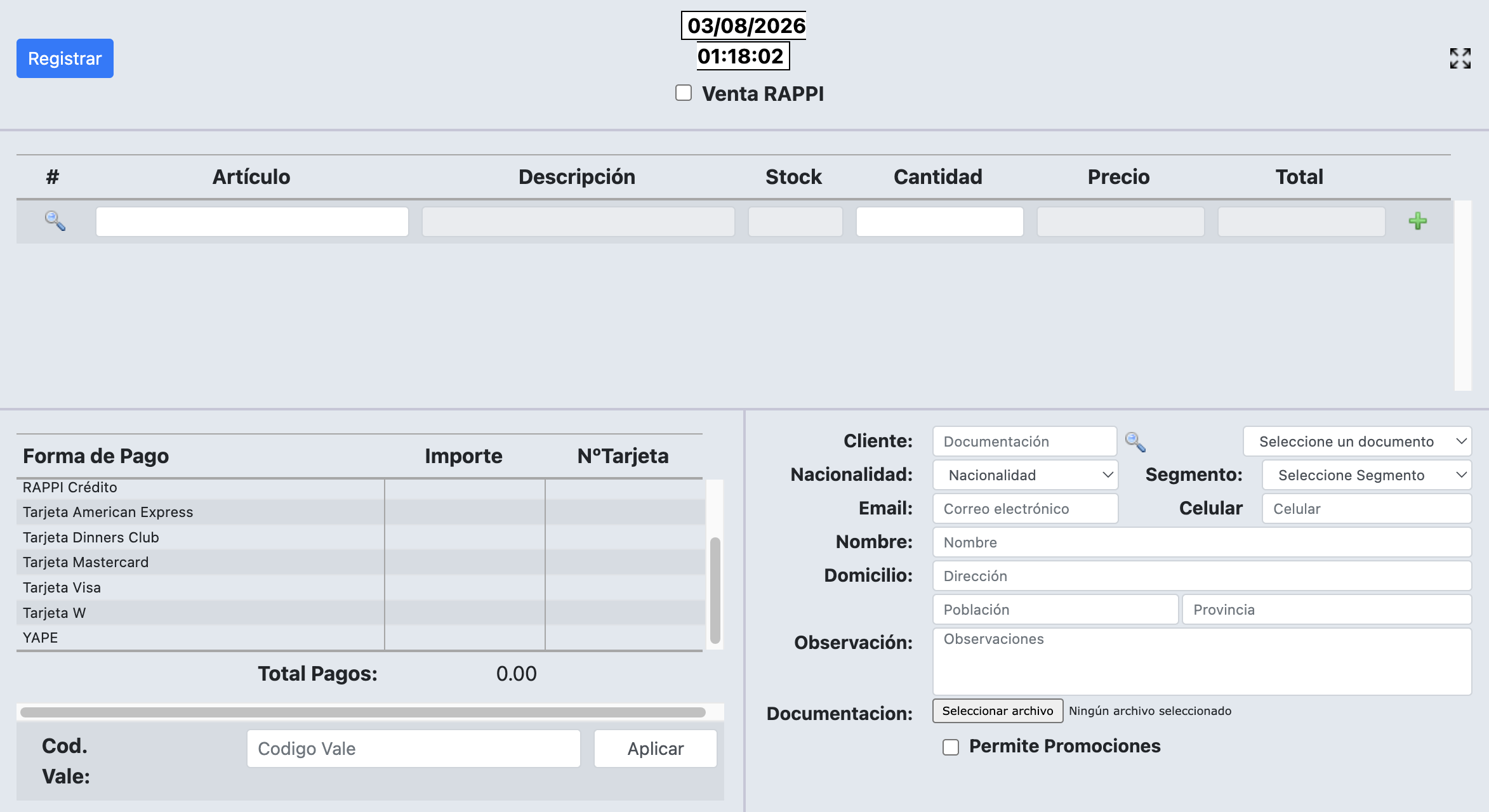 Captura real de Controlnet: registro de una venta con tabla de artículos, stock, cantidad y precio, formas de pago y datos del cliente.